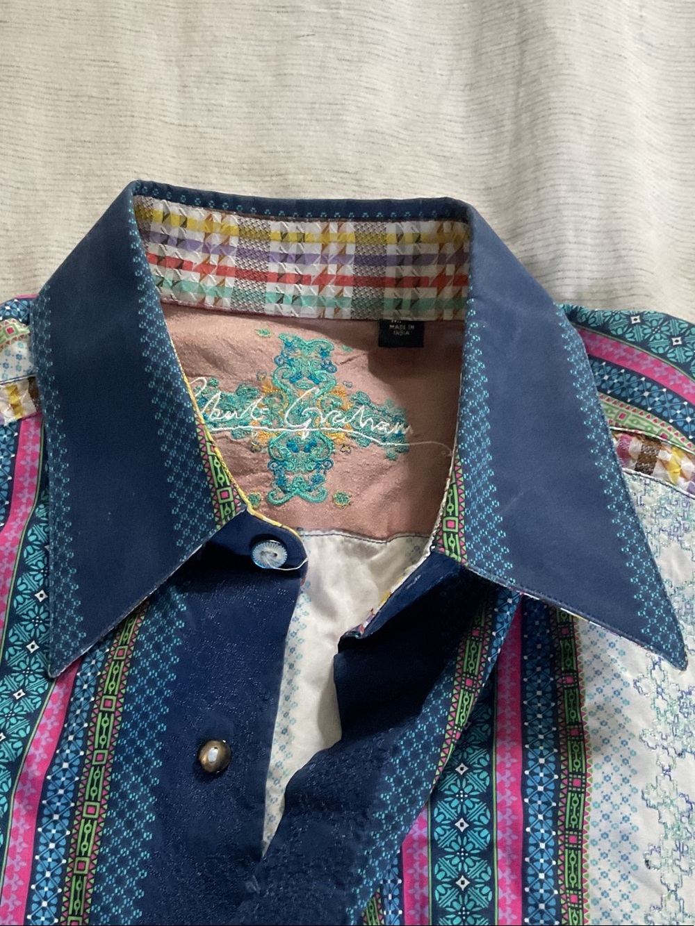 Robert Graham Multicolor Navy & Teal Patterned Button-Down